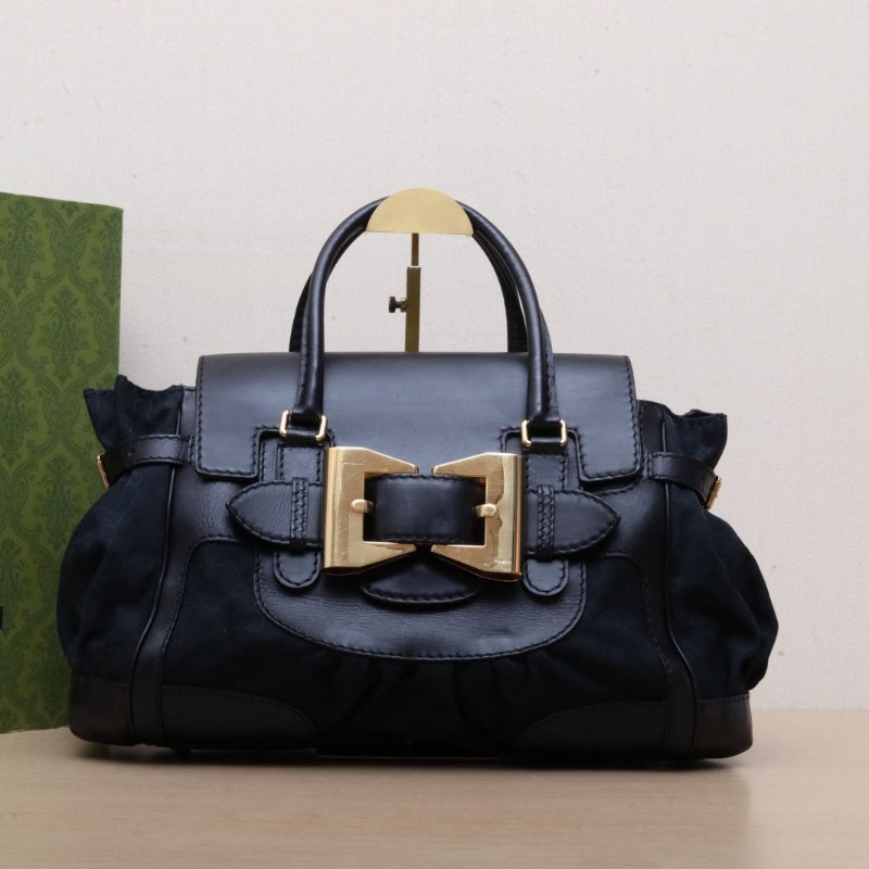 GUCCI 黑色帆布金扣中古蝴蝶結托特肩背包-0