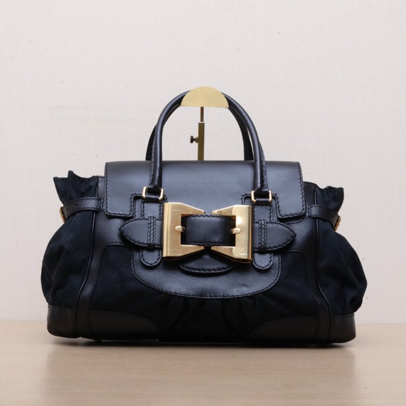 GUCCI 黑色帆布金扣中古蝴蝶結托特肩背包-1