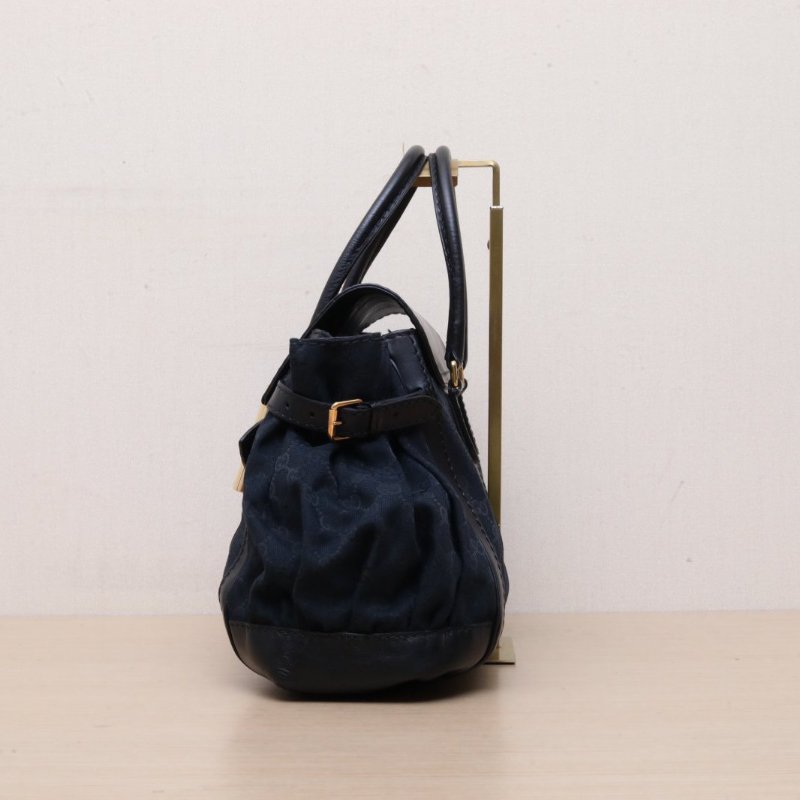 GUCCI 黑色帆布金扣中古蝴蝶結托特肩背包-4