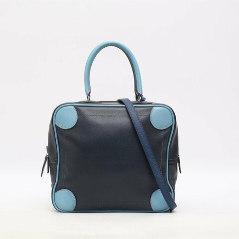 HERMES 75牛仔藍76印度藍Epsom皮框I銀扣愛馬仕Omnibus小號拼肩背包