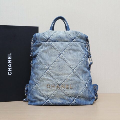 CHANEL 22Bag帶手柄雙肩包小號29牛仔藍牛仔晶片開銀扣肩背包