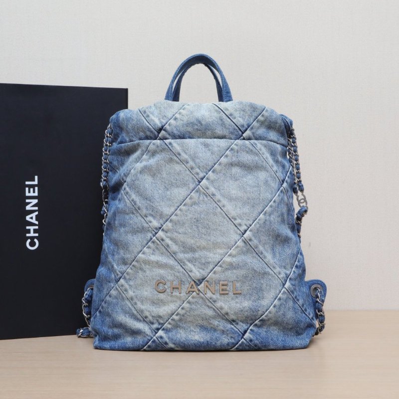 CHANEL 22Bag帶手柄雙肩包小號29牛仔藍牛仔晶片開銀扣肩背包-0