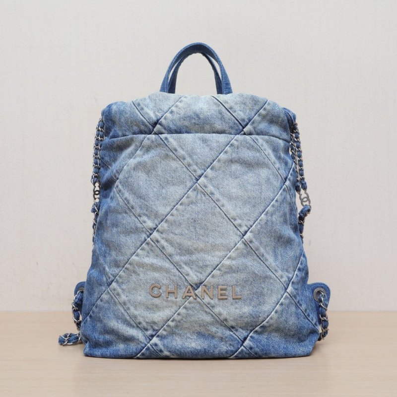 CHANEL 22Bag帶手柄雙肩包小號29牛仔藍牛仔晶片開銀扣肩背包-1