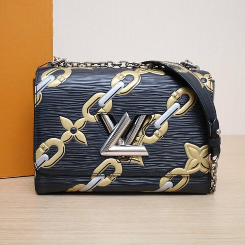 LOUIS VUITTON TWIST中號23黑色EPI水波紋牛皮銀扣2015限量款鏈條圖案肩背包