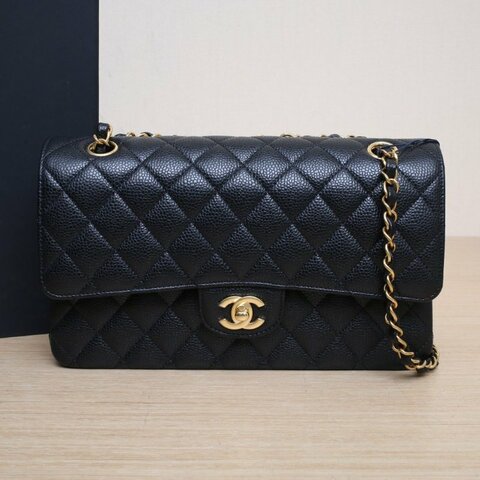 CHANEL CF口蓋包中號25.5黑色荔枝牛皮晶片開金扣肩背包