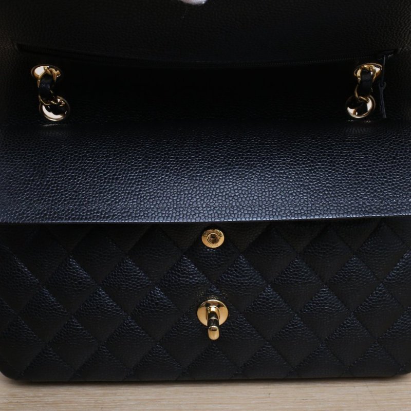 CHANEL CF口蓋包中號25.5黑色荔枝牛皮晶片開金扣肩背包-2