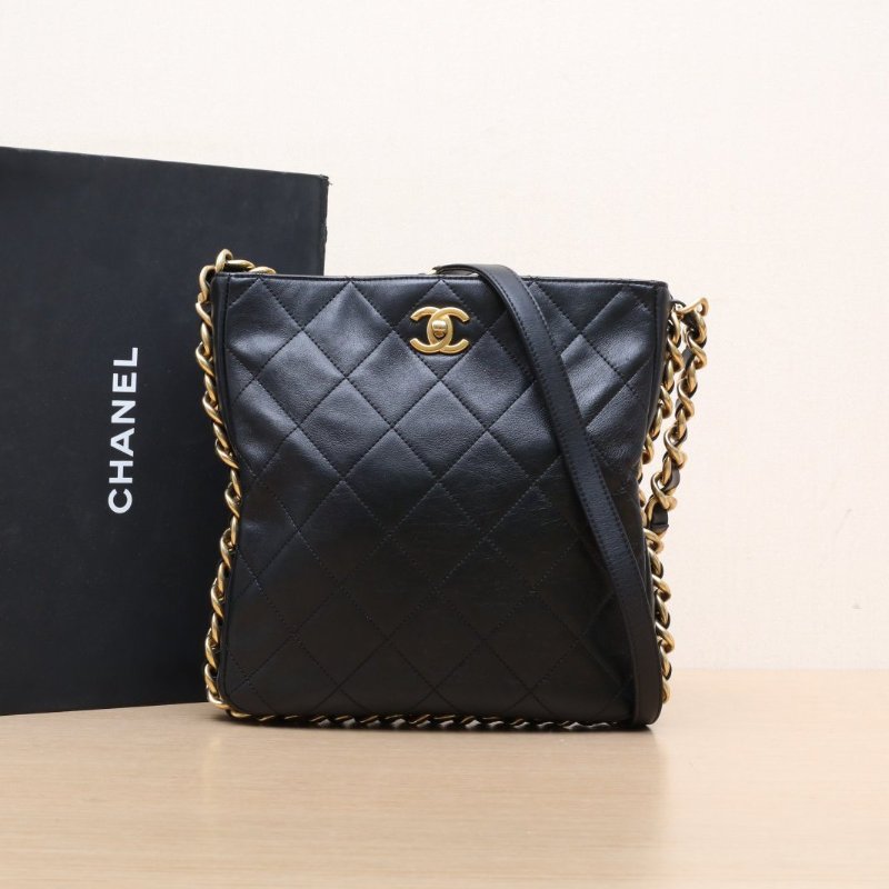 CHANEL 粗鏈條滾邊hobo腋下包黑色牛皮晶片開金扣肩背包-0
