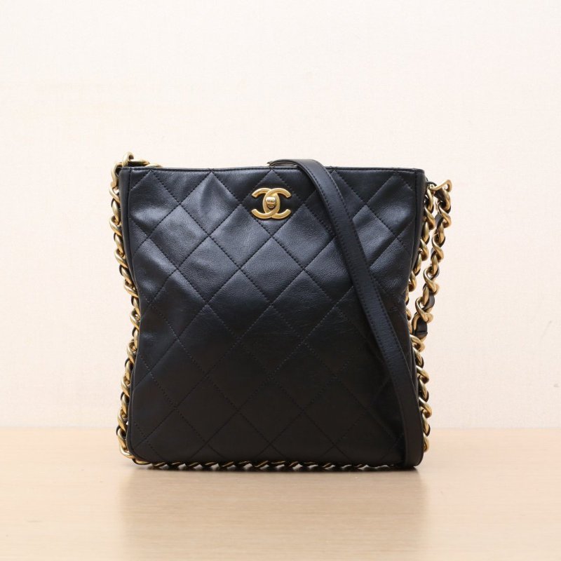 CHANEL 粗鏈條滾邊hobo腋下包黑色牛皮晶片開金扣肩背包-1