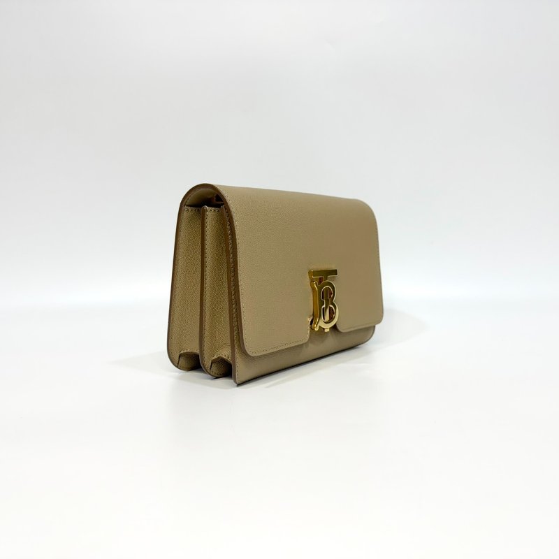 BURBERRY奶茶色粒面牛皮TB金釦雙層風琴包8020641-3