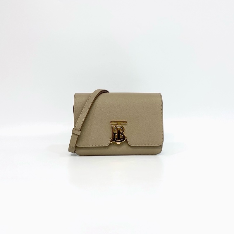 BURBERRY奶茶色粒面牛皮TB金釦雙層風琴包8020641-5