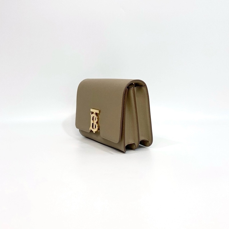 BURBERRY奶茶色粒面牛皮TB金釦雙層風琴包8020641-6