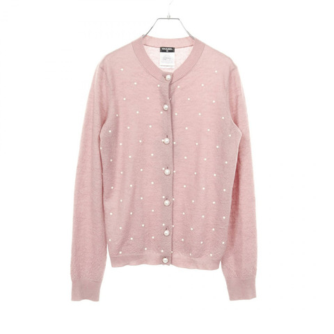 香奈兒 (CHANEL) CC Logo 珍珠紐扣開襟衫 P50018K06342 羊絨馬海毛 #42 粉紅色 二手