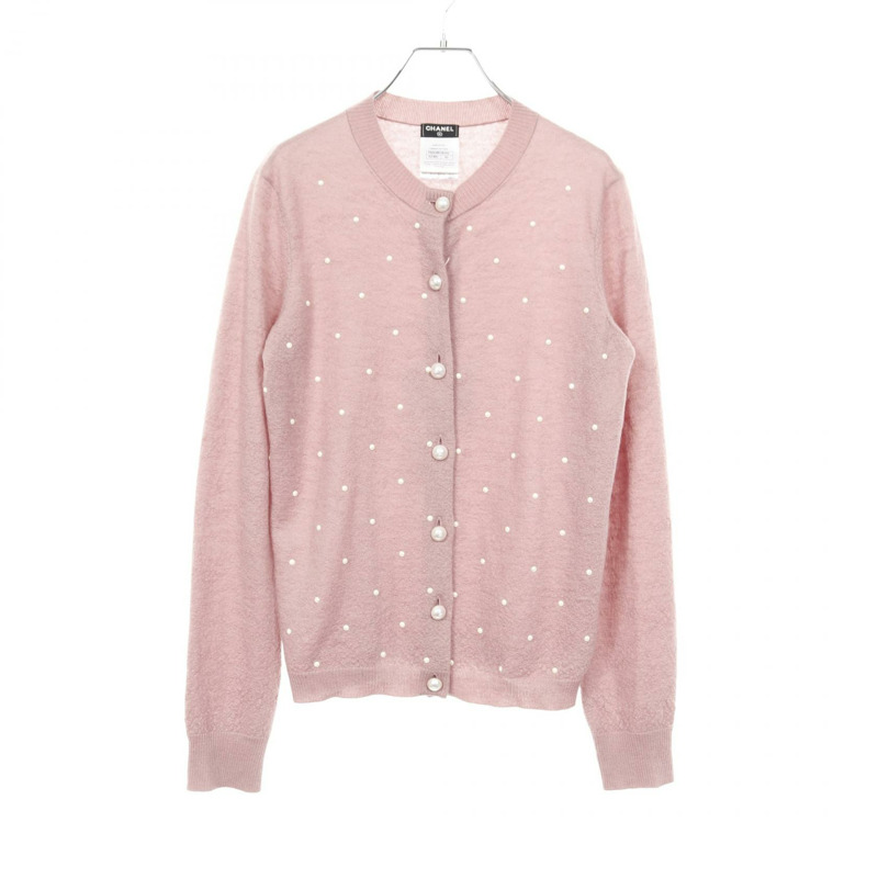 香奈兒 (CHANEL) CC Logo 珍珠紐扣開襟衫 P50018K06342 羊絨馬海毛 #42 粉紅色 二手-0