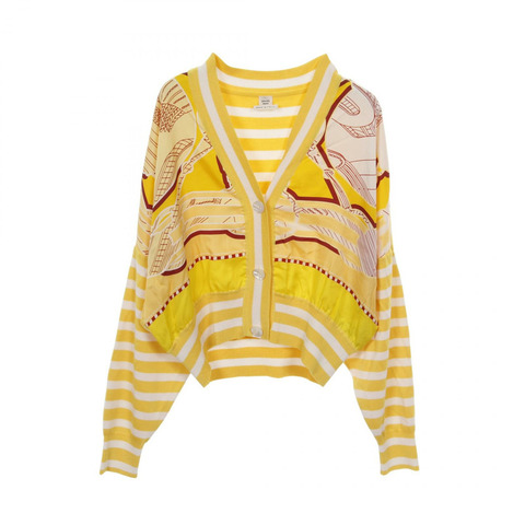 愛馬仕 Twillaine 開襟羊毛衫 針織衫 2E2816DN 真絲 黃白 二手 女款 #34