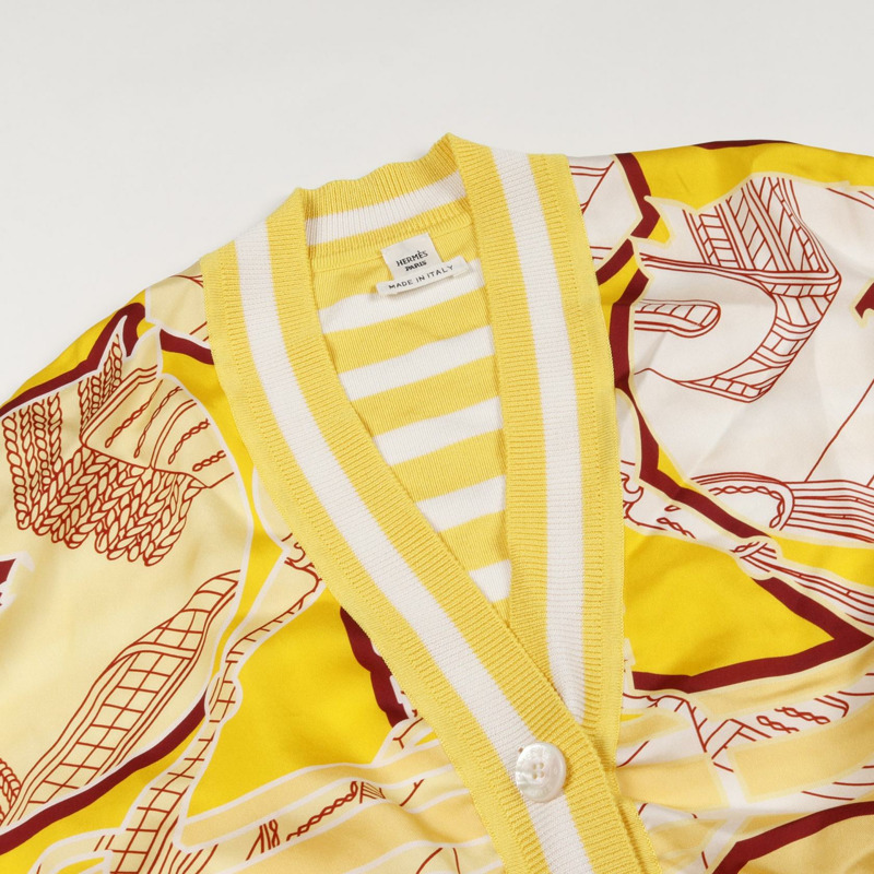 愛馬仕 Twillaine 開襟羊毛衫 針織衫 2E2816DN 真絲 黃白 二手 女款 #34-5