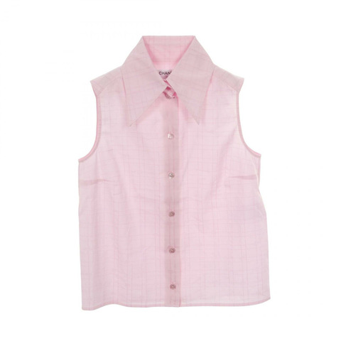 香奈兒 COCO 標誌無袖襯衫上衣 棉絲混紡 粉紅 二手 女款 #34