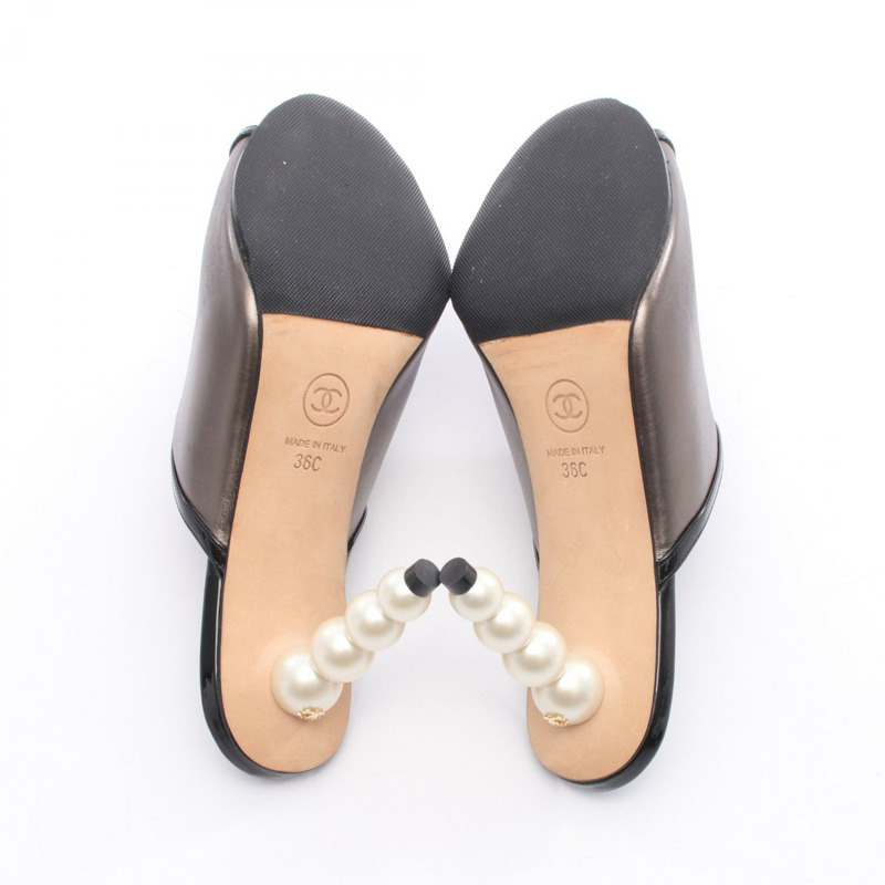 香奈兒珍珠高跟涼鞋 G33573 黑色皮革二手女鞋 #36C COCO CC-3