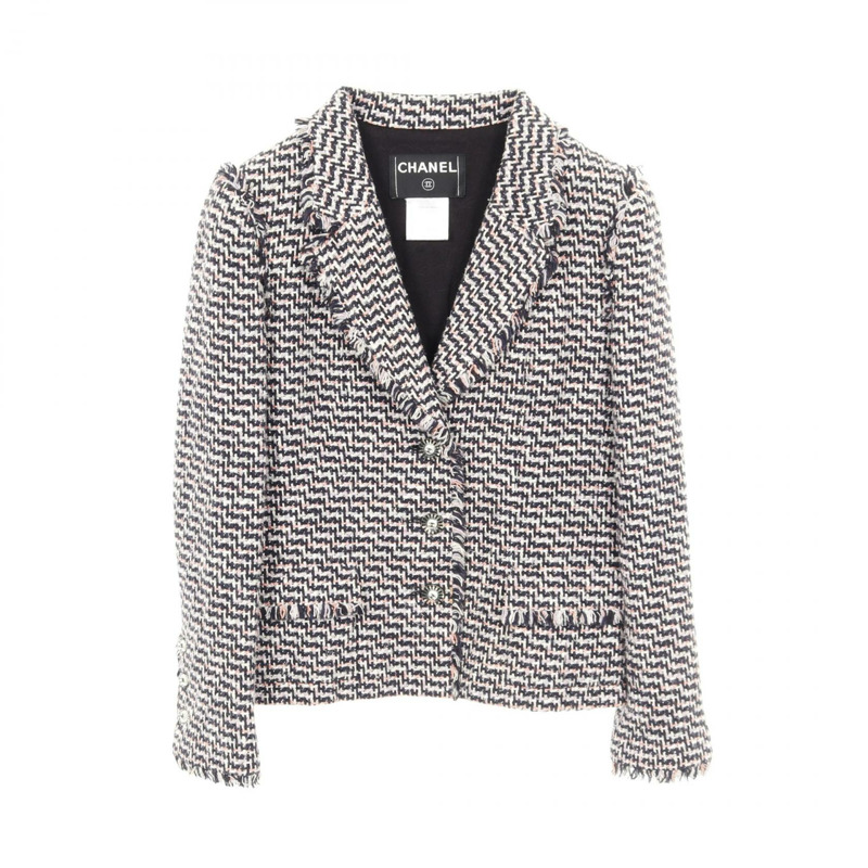 香奈兒 COCO 標誌紐扣斜紋軟呢外套 P23159V13800 真絲棉/人造絲 海軍藍 粉紅色 多色 二手 女款-0