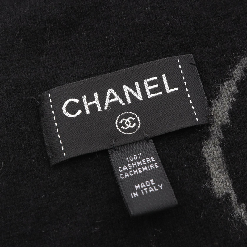 香奈兒 COCO Mark Stall 羊絨披肩 黑色 灰色 二手 女士 CC-1