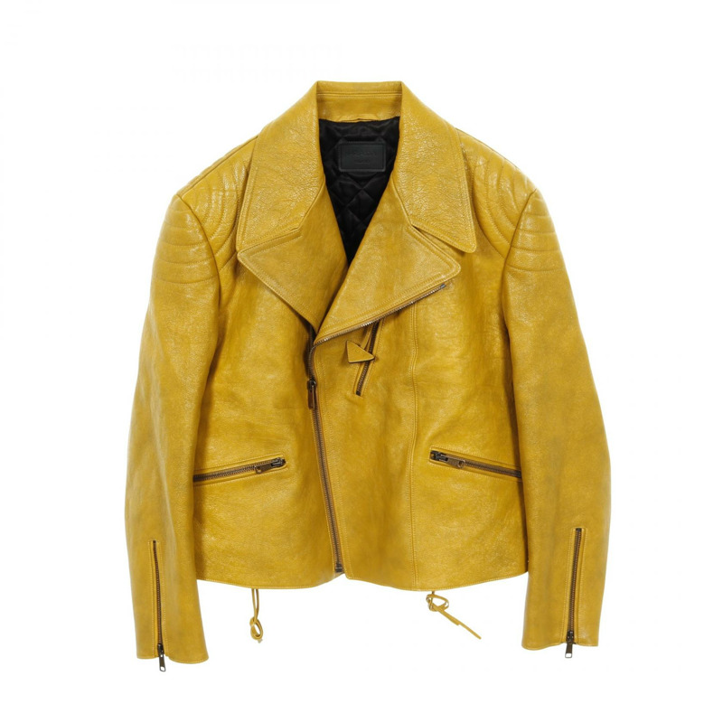 PRADA 雙排扣騎手夾克,皮革牛仔布,黃色,二手男士-0