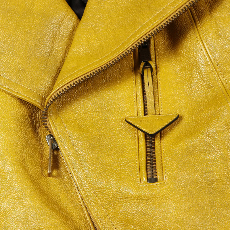 PRADA 雙排扣騎手夾克,皮革牛仔布,黃色,二手男士-9