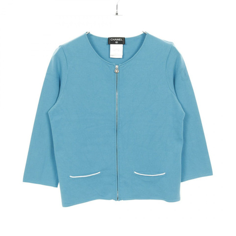 香奈兒 COCO 標誌拉鍊開襟羊毛衫外套，人造絲材質，藍色，二手女款，尺寸 42