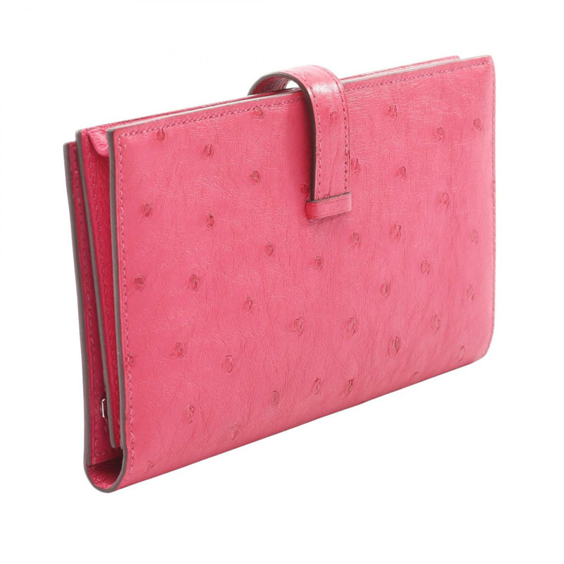 愛馬仕 Bearn Soufflet Rose tyrien 雙折皮夾 鴕鳥皮 鴕鳥皮 粉紅 二手 女士-1