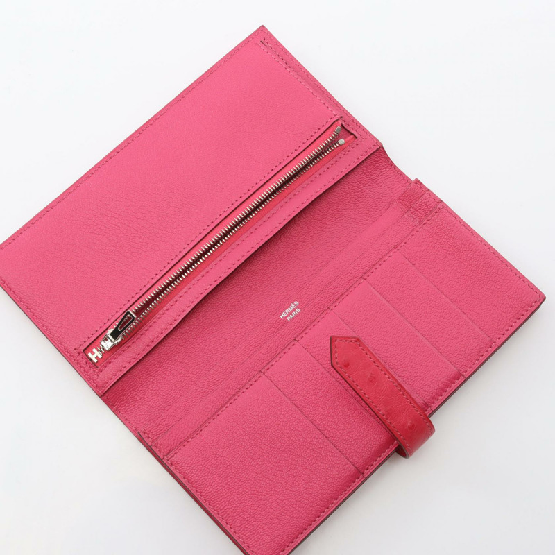 愛馬仕 Bearn Soufflet Rose tyrien 雙折皮夾 鴕鳥皮 鴕鳥皮 粉紅 二手 女士-2