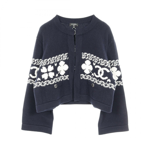香奈兒 COCO 標誌開襟針織衫,羊絨棉混紡,海軍藍,二手女款 #38