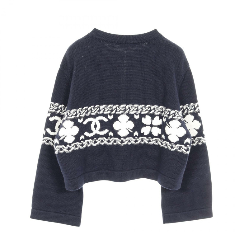 香奈兒 COCO 標誌開襟針織衫,羊絨棉混紡,海軍藍,二手女款 #38-1