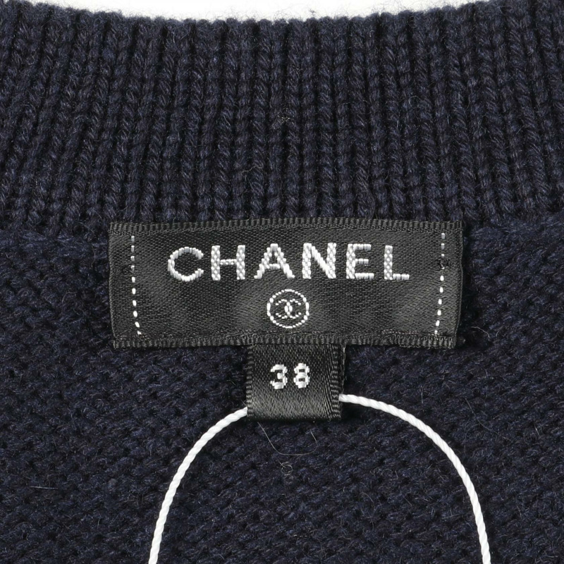 香奈兒 COCO 標誌開襟針織衫,羊絨棉混紡,海軍藍,二手女款 #38-2