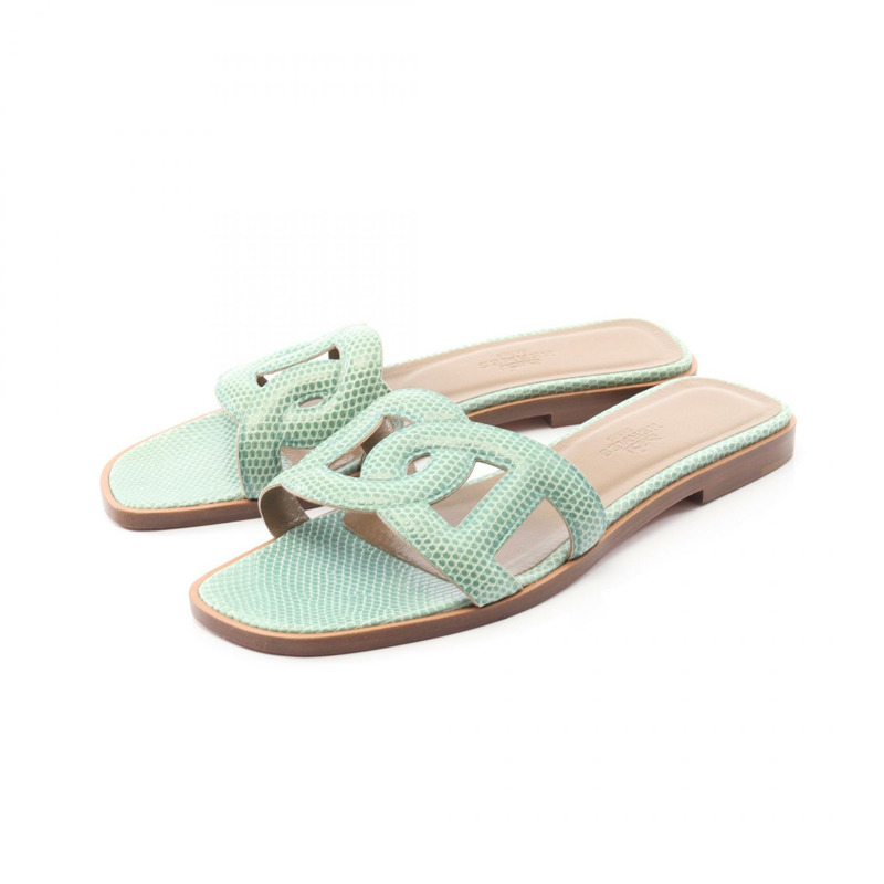 愛馬仕 Omaha 穆勒鞋，蜥蜴皮異國皮革，綠色，二手女款-0