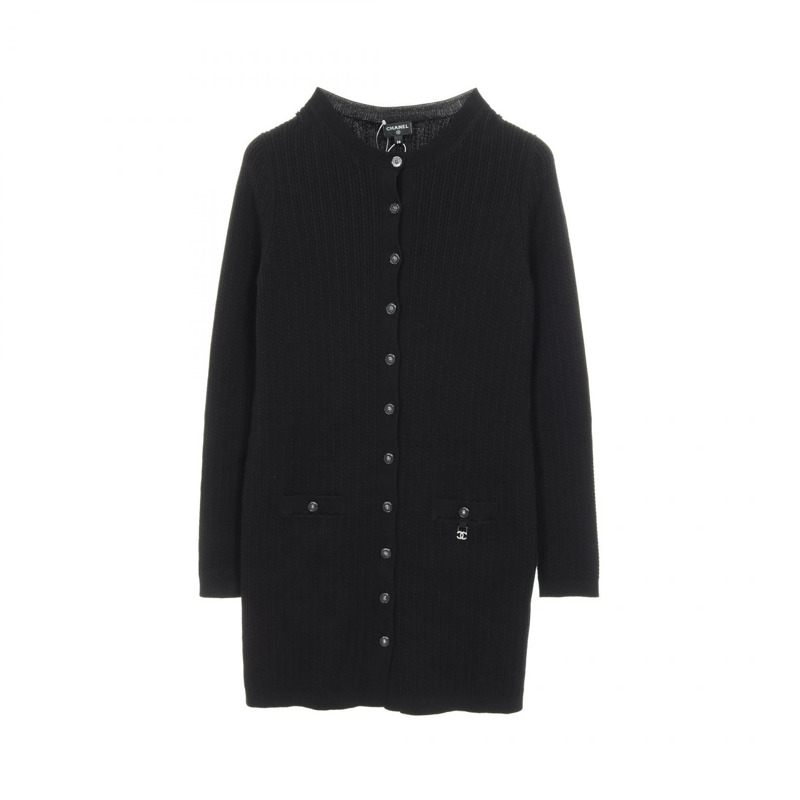 香奈兒 COCO 標誌獅子紐帶針織開襟衫,棉質,黑色,二手,女款,38碼-0
