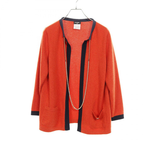 香奈兒 COCO 標誌紐扣開襟衫，羊絨材質，橘色/海軍藍，二手女款，尺寸 42 CC