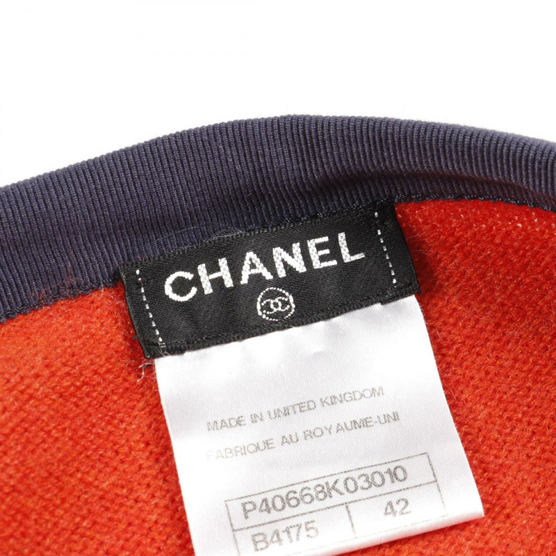 香奈兒 COCO 標誌紐扣開襟衫,羊絨材質,橘色/海軍藍,二手女款,尺寸 42 CC-2