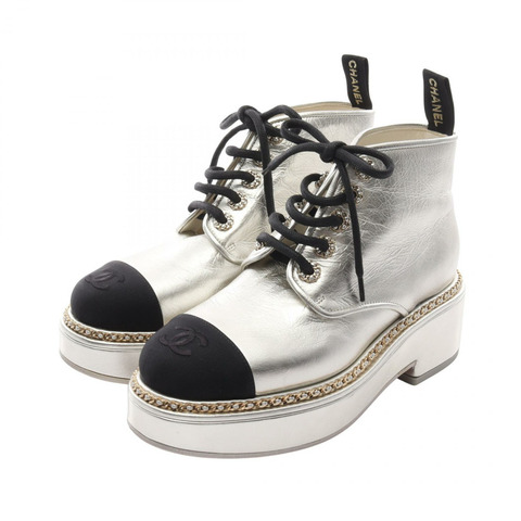 香奈兒 COCO 標誌靴子,皮革面料,銀色/黑色,二手,女款,尺寸 37C CC