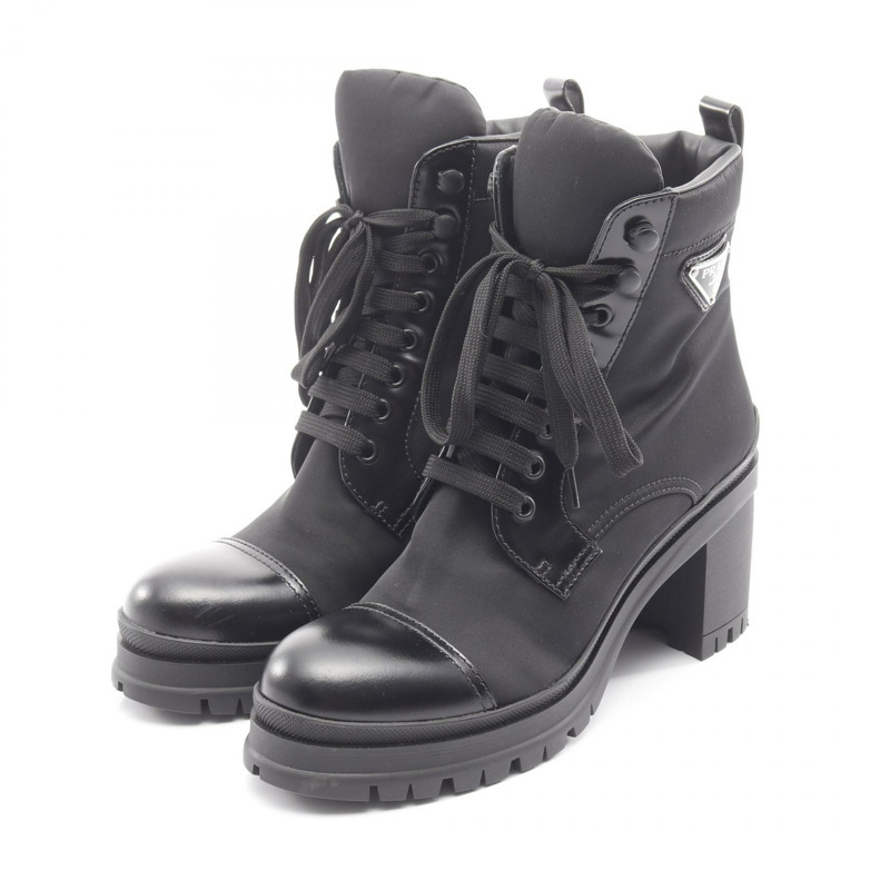 PRADA Re-Nylon 短靴高跟鞋 #38 尼龍皮革黑色二手女鞋-0