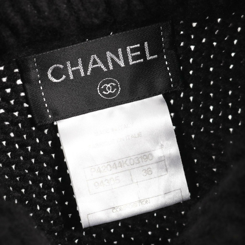 香奈兒 COCO 標誌牛角扣粗呢大衣針織羊絨黑色二手女款 #36-2