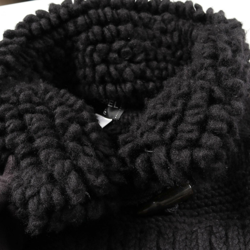 香奈兒 COCO 標誌牛角扣粗呢大衣針織羊絨黑色二手女款 #36-7