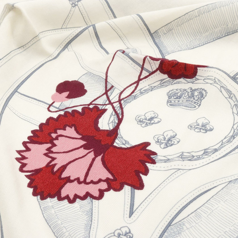 愛馬仕 Carre140 Cavalcadour Fleuri 絲巾,真絲羊絨材質,白色粉紅色,二手女款-5