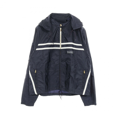 PRADA 輕薄尼龍連帽夾克,海軍藍/白色,二手女款 #36