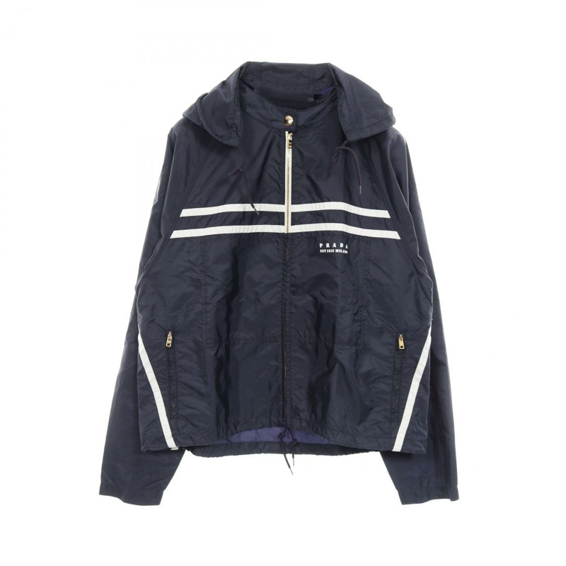 PRADA 輕薄尼龍連帽夾克,海軍藍/白色,二手女款 #36-0