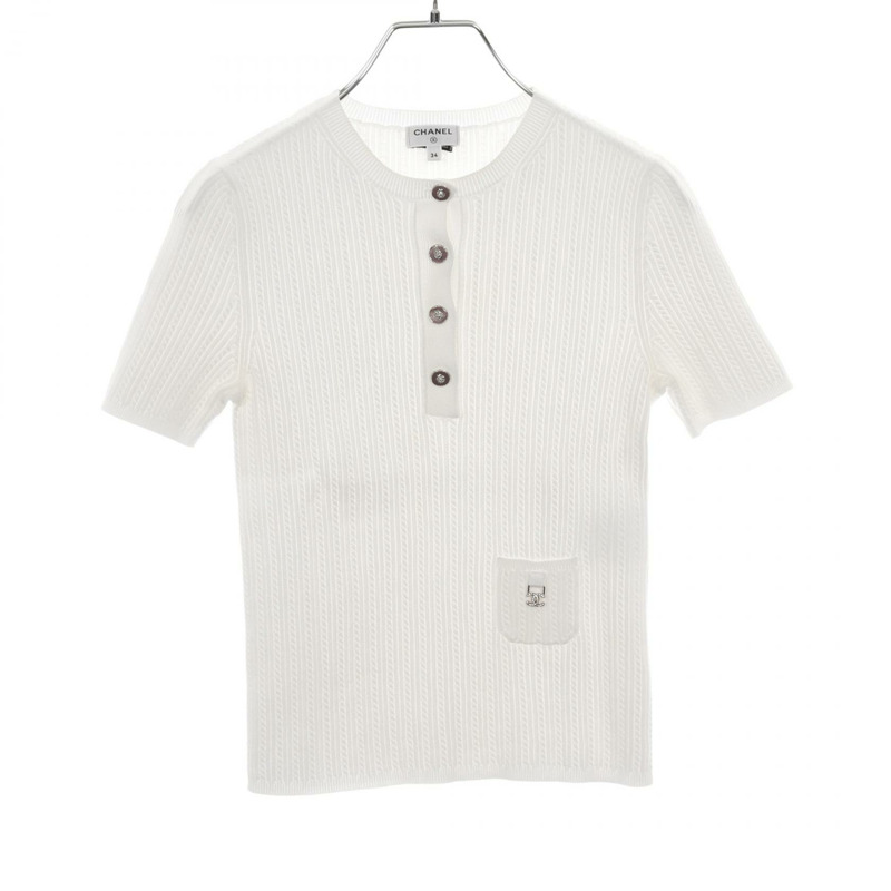 香奈兒 COCO Mark 羅紋夏季針織衫 #34 P72484K10390 棉質 白色 二手-0