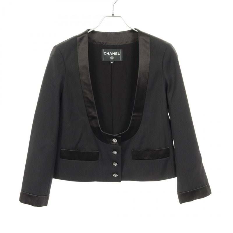 香奈兒 COCO 標誌紐扣 無色羊毛夾克 黑色 二手 女-0