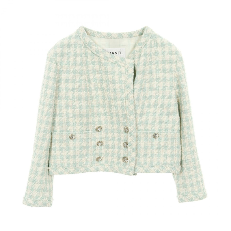 香奈兒 COCO 標誌珠寶紐扣斜紋軟呢外套 P74811V66438 棉質 藍白 二手 女款-0