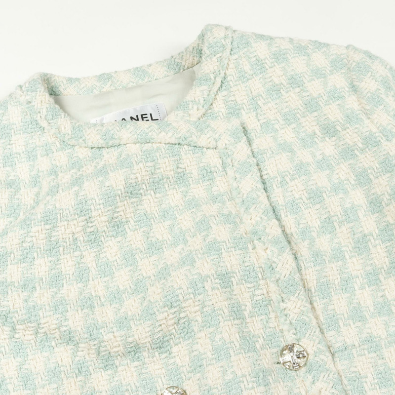香奈兒 COCO 標誌珠寶紐扣斜紋軟呢外套 P74811V66438 棉質 藍白 二手 女款-7