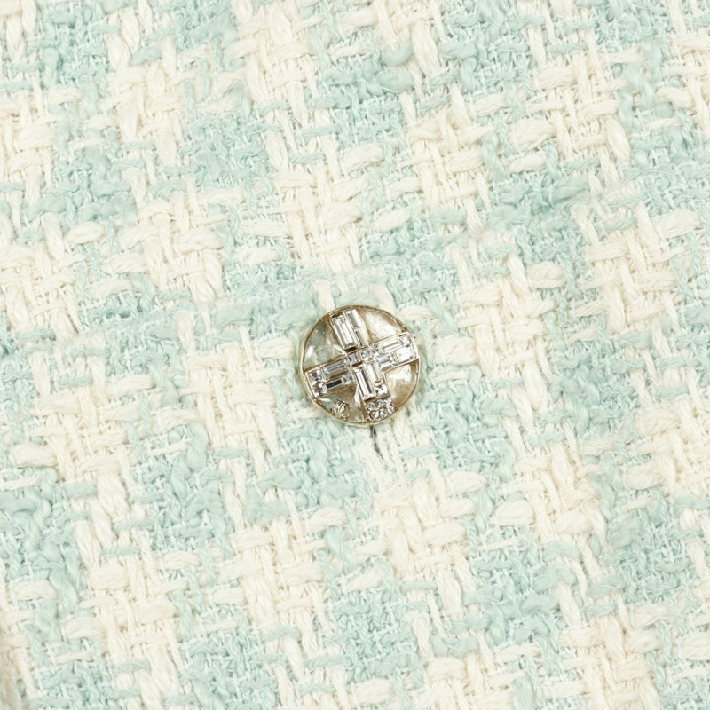 香奈兒 COCO 標誌珠寶紐扣斜紋軟呢外套 P74811V66438 棉質 藍白 二手 女款-9