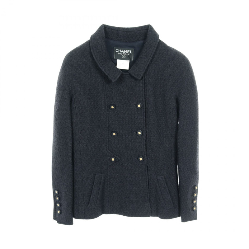 香奈兒 COCO 標誌紐扣斜紋軟呢外套 P08220V04980 羊毛 海軍藍 二手 女款-0