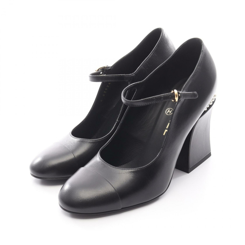 香奈兒 COCO 馬克系列高跟鞋,珍珠黑白色皮革,二手女款 #38.5C CC-0