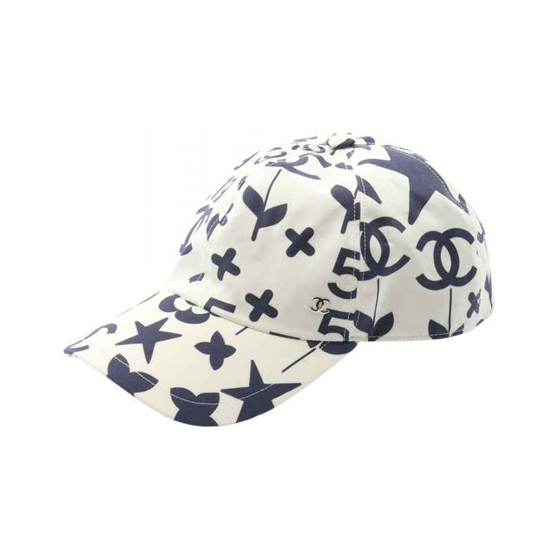 香奈兒 COCO 標誌帆布帽 白色 海軍藍 二手 女士-0